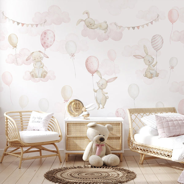 Beige Pink Bunny & Balloons Wall Mural SM079 - CostaCover - Peel and stick Removable Wallpaper - abstract wall art - abstract wallpaper - accent wallpaper