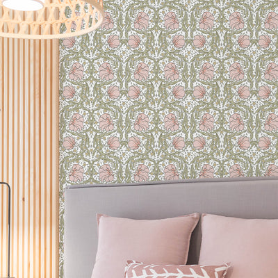 Light Pink & Green Pimpernel by Morris Wallpaper W166