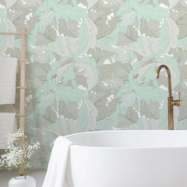 Mint & Beige Acanthus by Morris Wallpaper W125 - CostaCover - Peel and stick Removable Wallpaper - abstract floral - abstract wallpaper - accent wallpaper