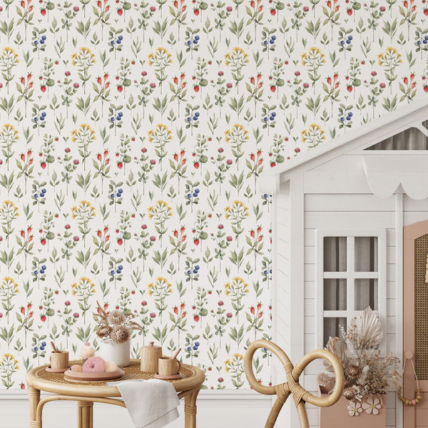 Yellow Flowers & Berries Wallpaper W075 - CostaCover - Peel and stick Removable Wallpaper - abstract wallpaper - accent wallpaper - adhesive wallpaper