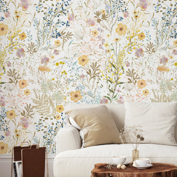 Yellow Wild Floral Wallpaper W048 - CostaCover - Peel and stick Removable Wallpaper - accent wallpaper - adhesive wallpaper - baby bedroom
