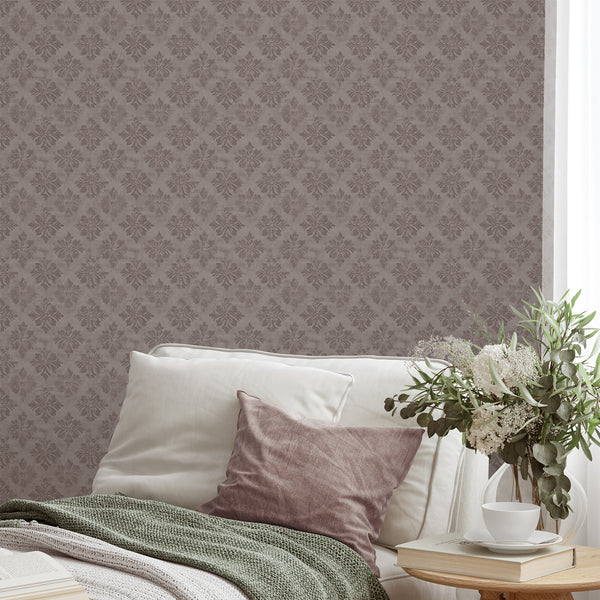 Taupe Floral Damask Wallpaper featuring diamond-aligned floral medallions with brushed edges, perfect for a living room or hallway with traditional decor. Made in the USA, this removable peel and stick wallpaper offers eco-friendly materials and easy application. Ideal for renters seeking a classic yet temporary home decor solution.