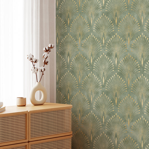Detailed view of olive green Art Deco scallop wallpaper with distressed gold accents, creating an ornamental pattern for dining rooms or stylish bedrooms. This pre-pasted wallpaper brings a touch of vintage elegance to any space, suitable for those seeking a decorative yet controlled home decor option.
