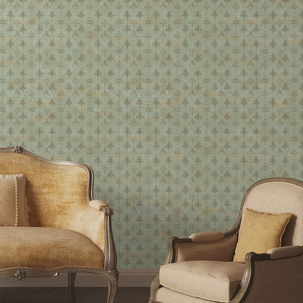 Weathered sage green wallpaper with repeating damask ornaments, subtle beige details and an aged finish for bedroom, dining room or entryway walls.