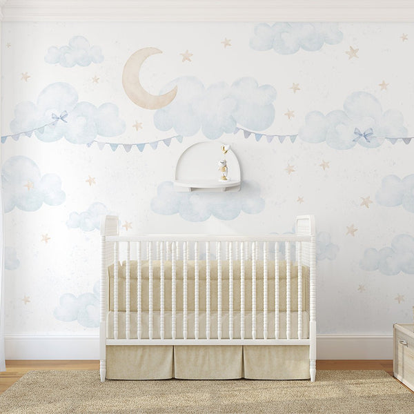 Blue Clouds Moon & Bunting Wall Mural SM071 - CostaCover - Peel and stick Removable Wallpaper - Abstract - abstract wall art - abstract wallpaper