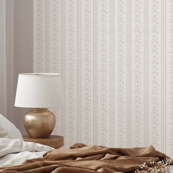 Beige Green Floral Stripe Wallpaper L126