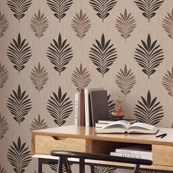 Beige Black Leaf Wallpaper L026