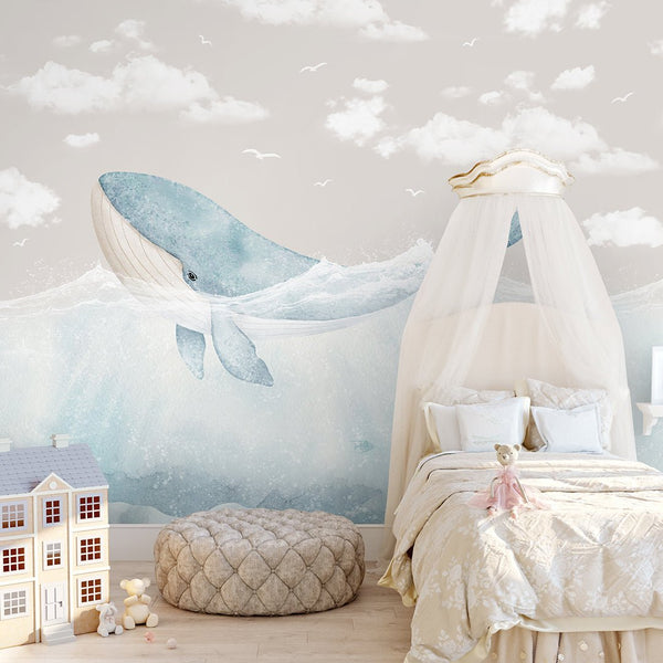 Blue Whale & Beige Sky Wall Mural SM058 - CostaCover - Peel and stick Removable Wallpaper - accent wallpaper - adhesive wallpaper - baby bedroom