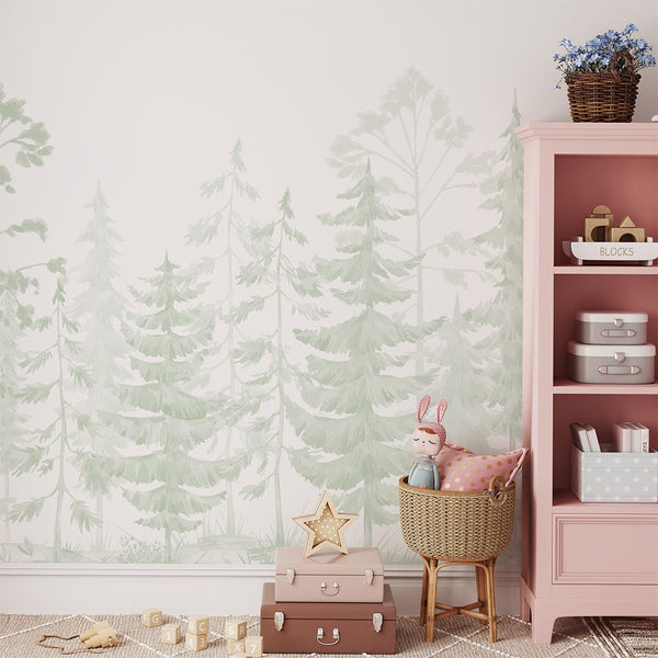 Soft Green Watercolor Pine Trees Wall Mural WM096 - CostaCover - Peel and stick Removable Wallpaper - accent wallpaper - adhesive wallpaper - baby bedroom