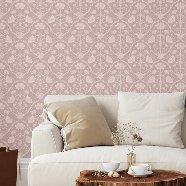 Pink Vintage Floral Wallpaper with dusty blush tones, ideal for cottagecore and Arts and Crafts bedrooms.