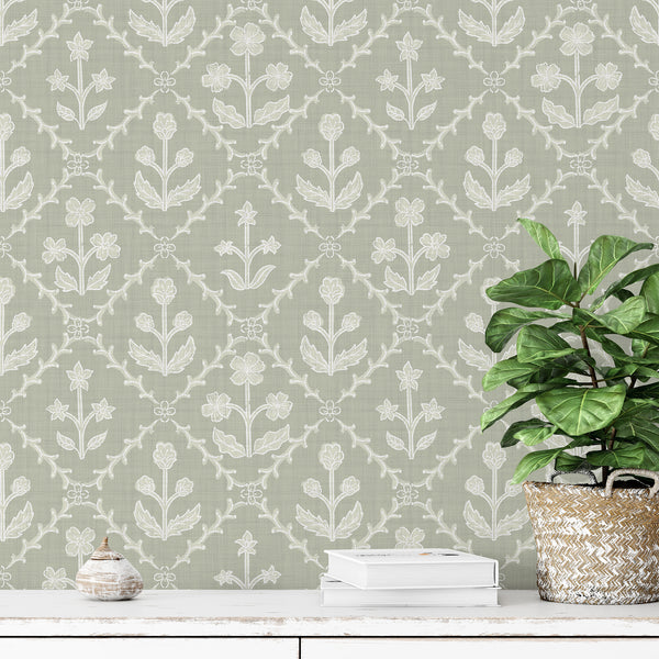 Sage Green Linen Floral Lattice Wallpaper L122