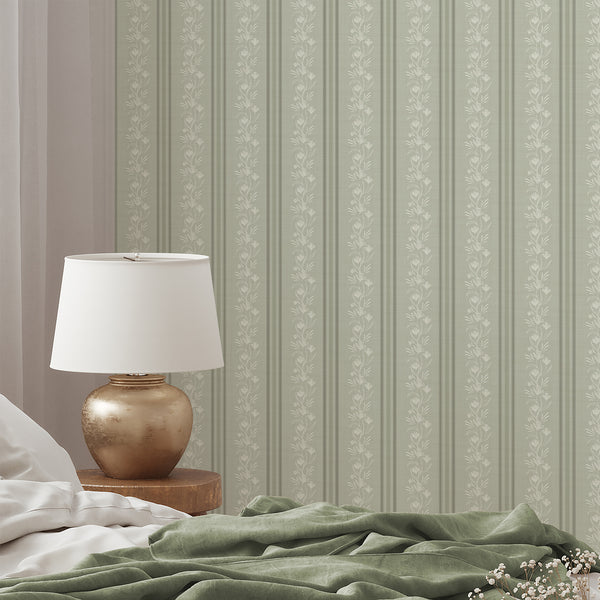 Sage Green Floral Stripe Wallpaper L130