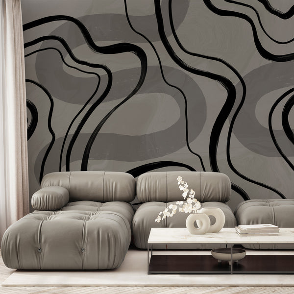 Black and gray abstract wallpaper featuring oversized flowing curved lines on a textured neutral background for a modern minimalist interior.