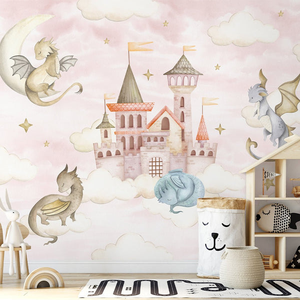 Pink Sky Dragons Castle Wall Mural SM036 - CostaCover - Peel and stick Removable Wallpaper - accent wallpaper - adhesive wallpaper - baby bedroom