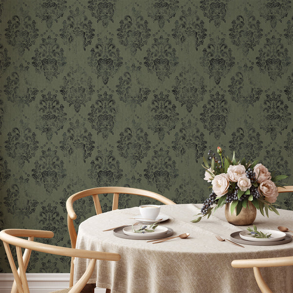Self-adhesive damask wallpaper with distressed details, creating a textured, heritage finish for formal spaces.