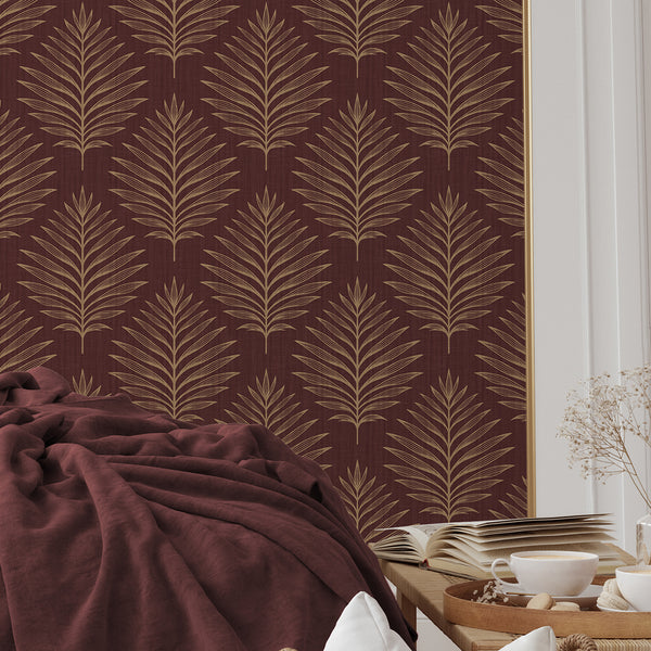 Burgundy Palm Leaves Wallpaper L058