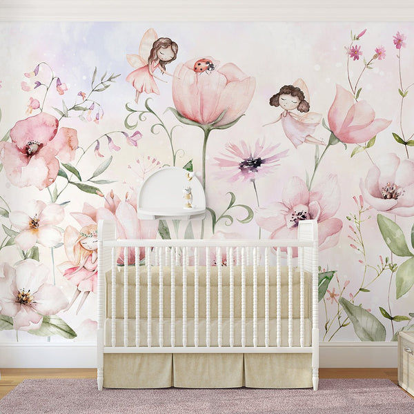 Cute Pink Flower Fairy Wall Mural SM053 - CostaCover - Peel and stick Removable Wallpaper - accent wallpaper - adhesive wallpaper - baby bedroom