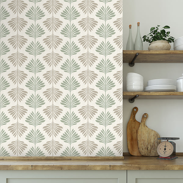 Sage Green Beige Palm Leaf Wallpaper L013