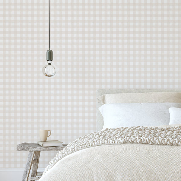 Neutral plaid wallpaper with warm beige checks and fine striped details, creating a soft classic pattern for a bedroom, nursery, or living room.