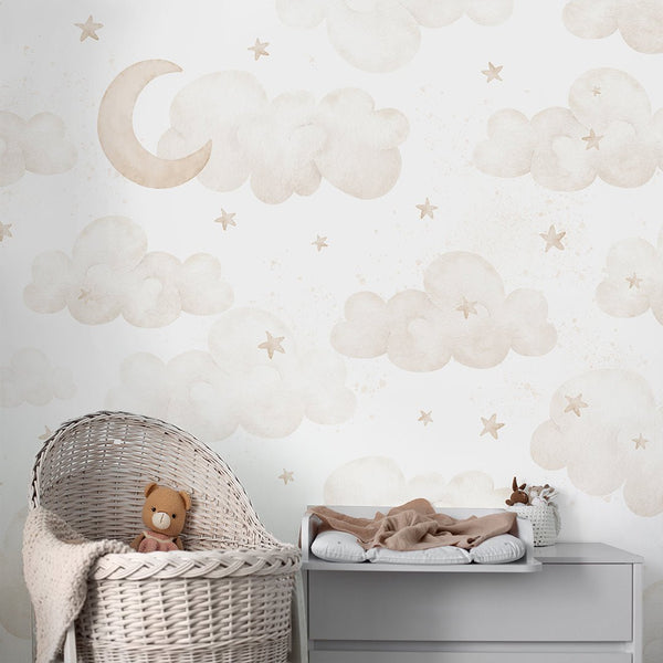 Beige Moon Clouds & Stars Wall Mural SM067 - CostaCover - Peel and stick Removable Wallpaper - Abstract - abstract wall art - abstract wallpaper