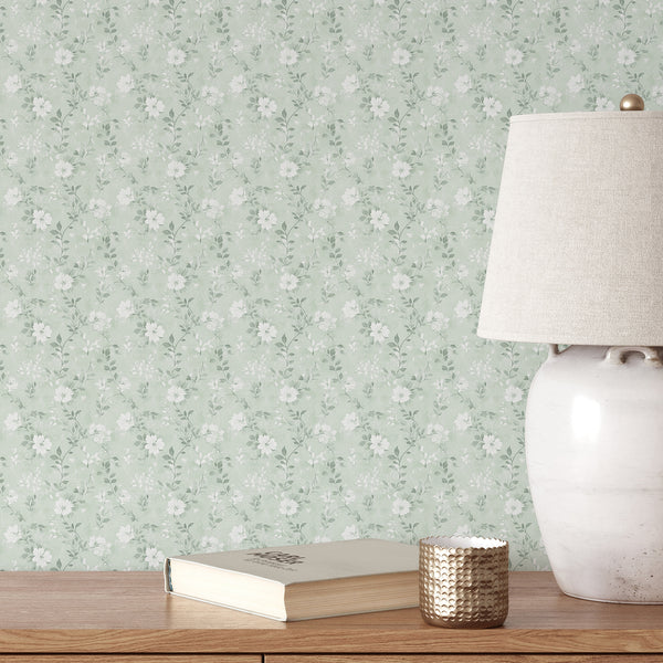 Soft Mint Green Wildflowers Wallpaper L079