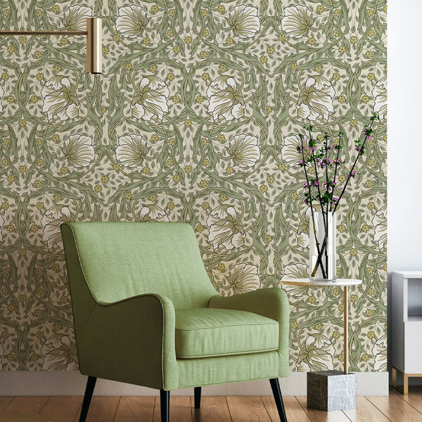 White & Green Pimpernel by Morris Wallpaper W083 - CostaCover - Peel and stick Removable Wallpaper - abstract floral - abstract wall art - abstract wallpaper