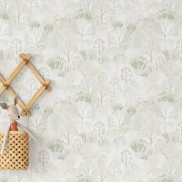 Neutral forest wallpaper with delicate tree silhouettes, rounded leafy canopies and muted sage green foliage, ideal for a minimalist bedroom or nursery.