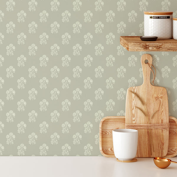 Sage Green Vintage Floral Wallpaper CC373