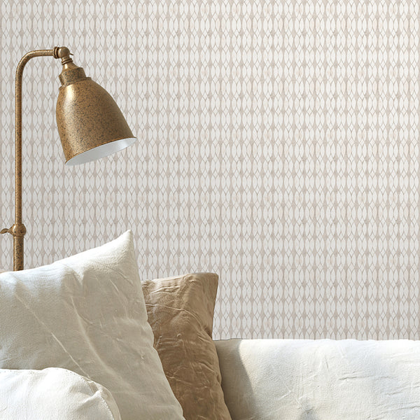 Beige Taupe Geometric Wallpaper with elongated ovals and lozenges in beige tones, ideal for minimalist Scandinavian interiors.