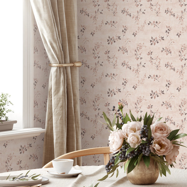 Pink Floral Vine Wallpaper with distressed sprigs on a blush background, ideal for a cottagecore bedroom.
