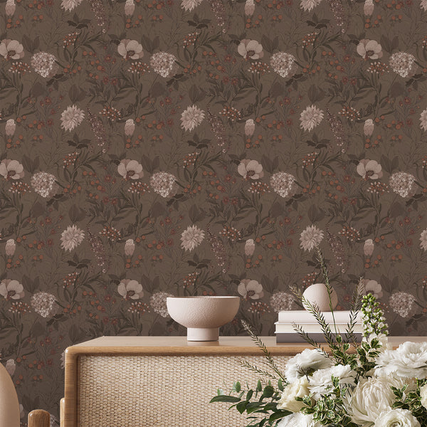 Taupe vintage floral wallpaper with finely drawn stems, leaves, and blossoms on a muted taupe ground. Perfect for a cozy bedroom or dining room, this design offers a cottagecore aesthetic with warm brown and terracotta accents.