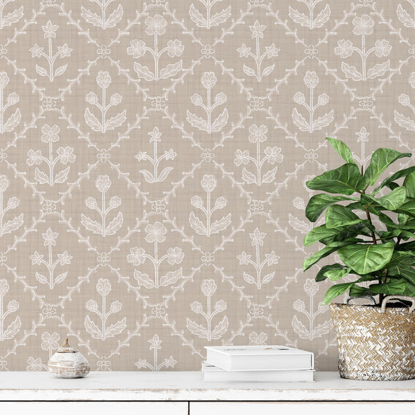 Beige Linen Floral Lattice Wallpaper L121