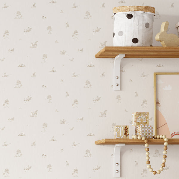 Beige Fox Nursery Wallpaper featuring hand-drawn foxes, trees, mushrooms, and grasses in a gentle woodland motif. This removable wallpaper offers a soft beige palette on a pale off-white ground, ideal for a gender-neutral nursery or kids' room, bringing a Scandinavian touch with its airy and sketchy design.