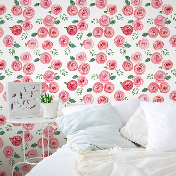 Red Pink Roses Wallpaper CC138 - CostaCover - Peel and stick Removable Wallpaper - adhesive wallpaper - Backsplash panels - bathroom wallpaper