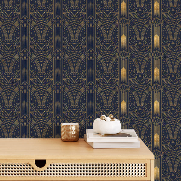 Blue Brown Gold Art Deco Wallpaper CC320