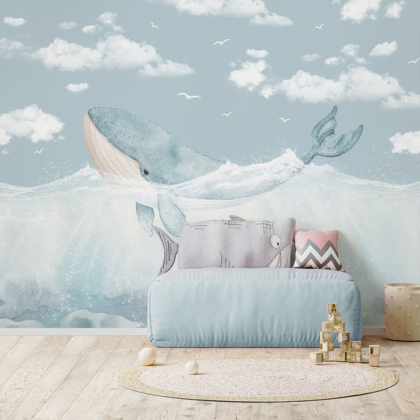 Blue Whale & Sky Wall Mural SM057 - CostaCover - Peel and stick Removable Wallpaper - accent wallpaper - adhesive wallpaper - Aqua blue wallpaper