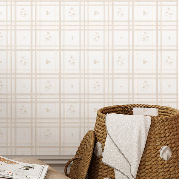 Beige Plaid Floral Wallpaper L145