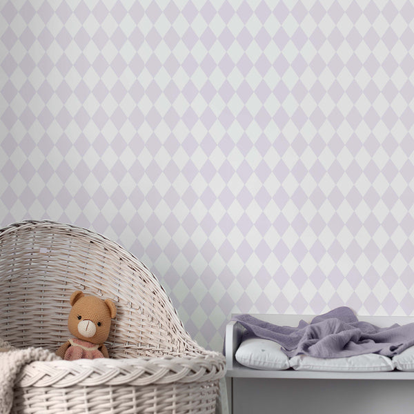 Pastel purple rhombus wallpaper with a delicate diamond grid in pale lavender and white. Ideal for nurseries or kids' bedrooms, this removable peel and stick wallpaper offers a refined geometric texture