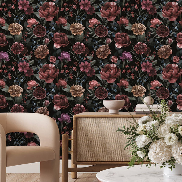 Dark Vintage Flowers Wallpaper S063 - CostaCover - Peel and stick Removable Wallpaper - accent wallpaper - adhesive wallpaper - bathroom wallpaper