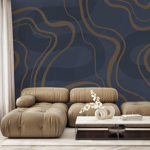 Navy blue and brown abstract wallpaper featuring oversized flowing curved lines and a subtle textured finish for a modern minimalist interior.