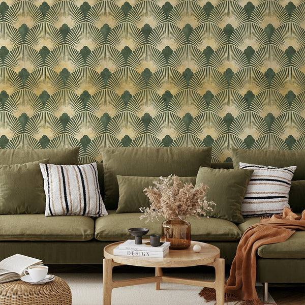 Green & Gold Effect Art Deco Wallpaper CC306 - CostaCover - Peel and stick Removable Wallpaper - Abstract - abstract wallpaper - accent wallpaper