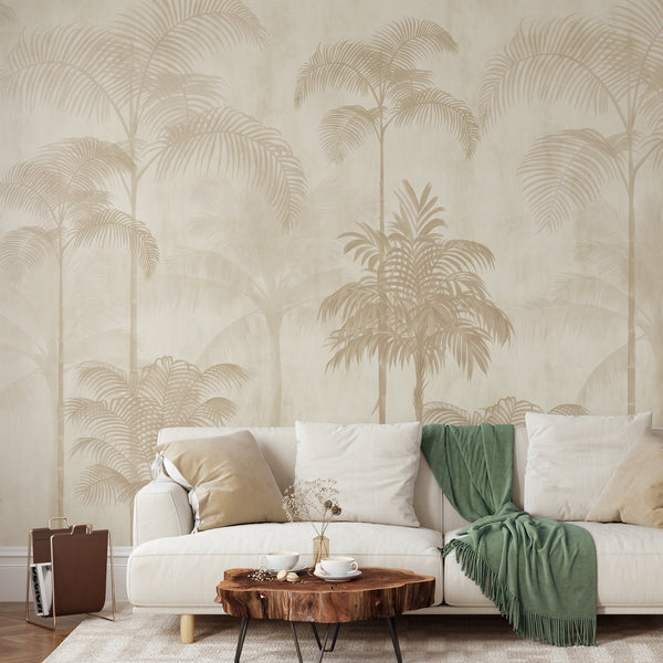 Beige tropical palm tree wallpaper with tall palms and layered botanical foliage in soft neutral tones for a serene modern bedroom interior.