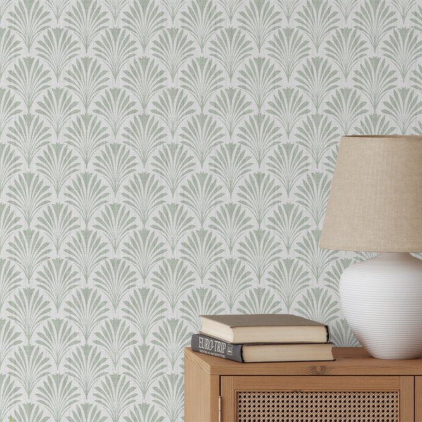 Green gray botanical leaves wallpaper with a dense small-scale fan leaf pattern in muted sage green over a light neutral ground. The printed linen texture adds softness, making it ideal for bedrooms seeking a refined and calming vibe. This removable peel and stick wallpaper is eco-friendly and perfect for renters.