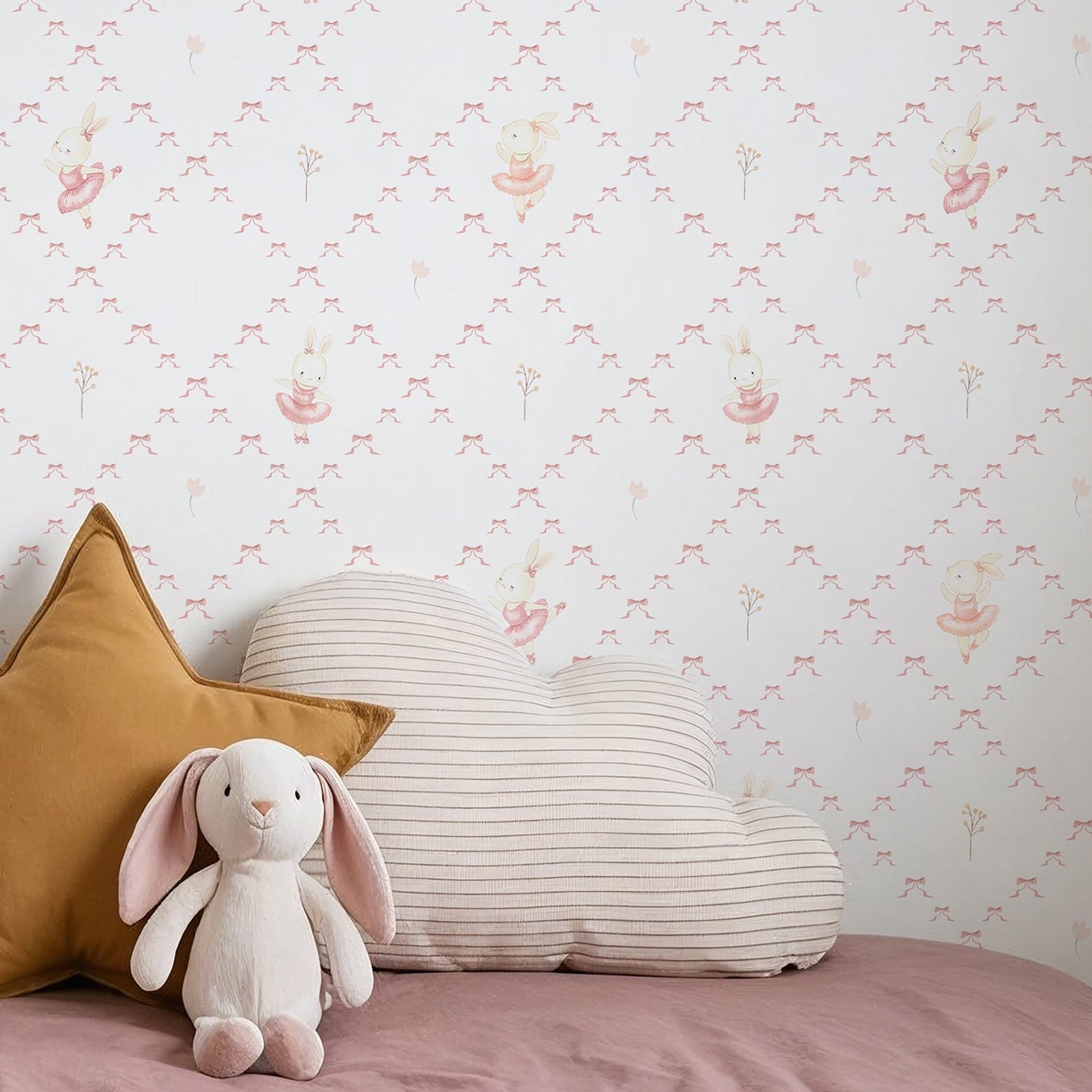 Soft pink bunny ballerina wallpaper with a watercolor rabbit in a blush tutu, delicate ribbon bows, and a tiny flower on a white background.CostaCover