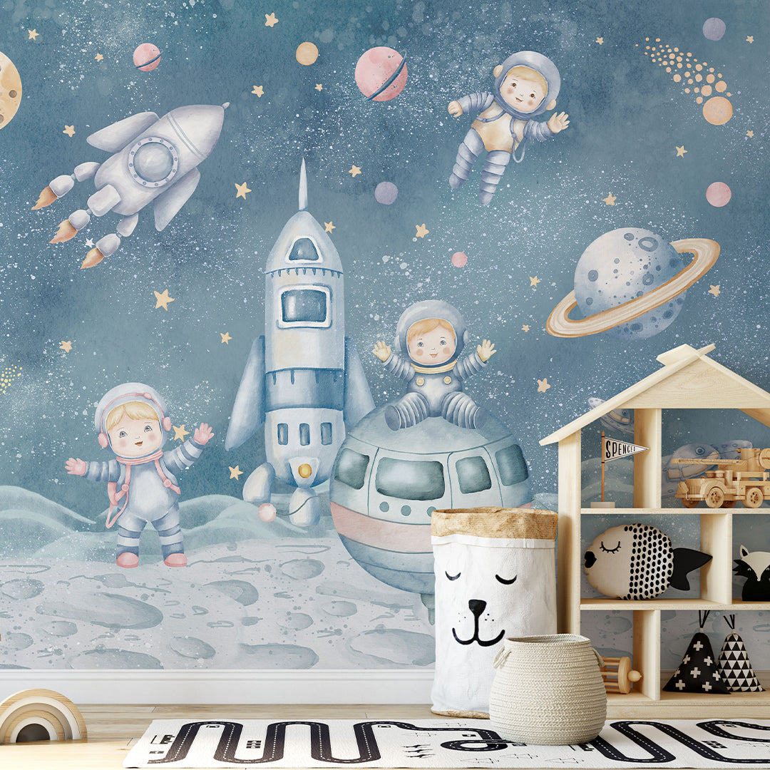 Pastel Blue Astronauts & Rockets Wall Mural SM084