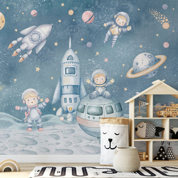 Pastel Blue Astronauts & Rockets Wall Mural SM084 - CostaCover - Peel and stick Removable Wallpaper - accent wallpaper - adhesive wallpaper - baby bedroom