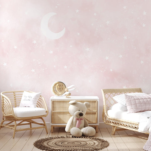 Pastel Pink Moon & Stars Wall Mural SM075 - CostaCover - Peel and stick Removable Wallpaper - Abstract - abstract wall art - abstract wallpaper