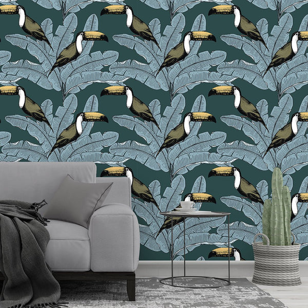 Toucan & Palm Leaves Wallpaper CC211 - CostaCover - Peel and stick Removable Wallpaper - adhesive wallpaper - Backsplash panels - banana leaves