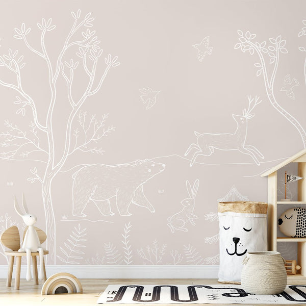 Beige White Forest Animals Wall Mural SM019 - CostaCover - Peel and stick Removable Wallpaper - accent wallpaper - adhesive wallpaper - animal print