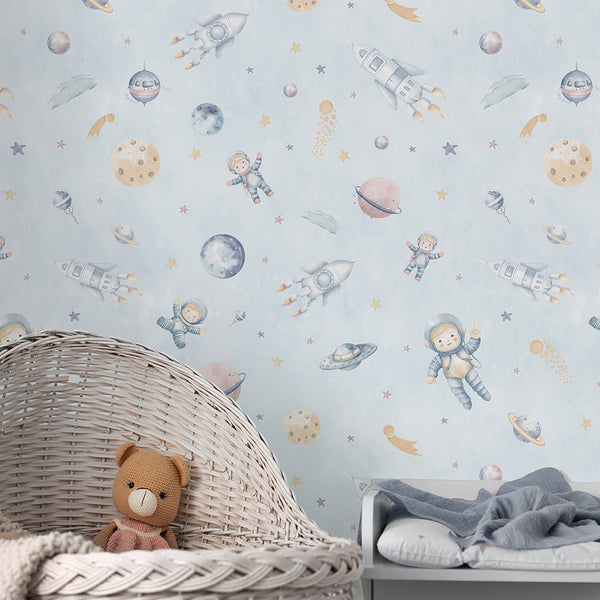 Pastel Blue Astronauts & Rockets Wallpaper S122 - CostaCover-Peel and stick Removable Wallpaper-accent wallpaper-adhesive wallpaper-baby bedroom